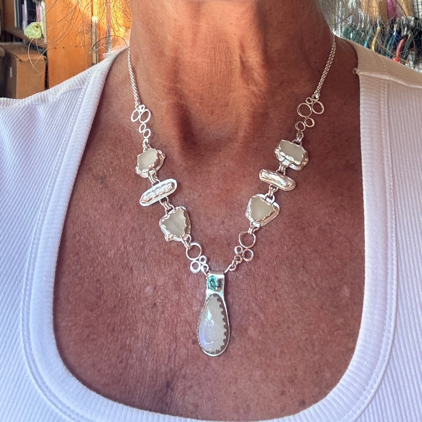 White Sea Glass with Freshwater Pearls, Moonstone & Apatite Necklace