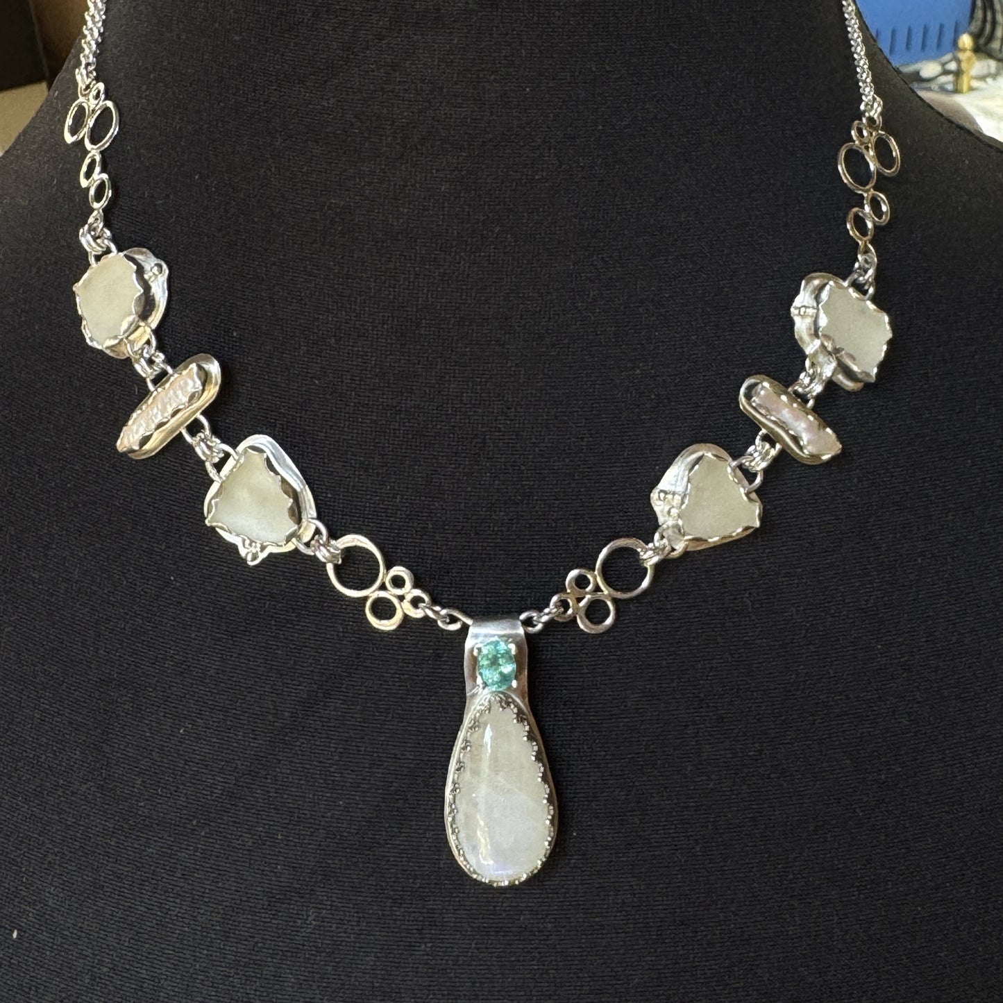 White Sea Glass with Freshwater Pearls, Moonstone & Apatite Necklace