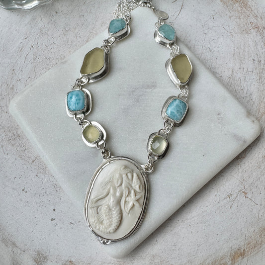 Yellow Sea Glass, Desert Glass & Larimar Mermaid Necklace