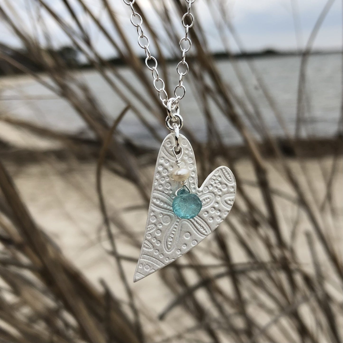 Blue Zircon & Pearl Frosted Starfish Heart Necklace