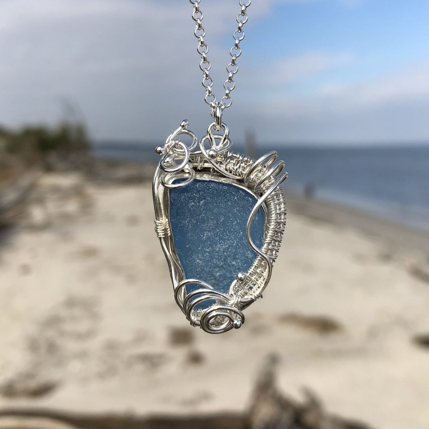 Cornflower Blue Sea Glass Woven Pendant