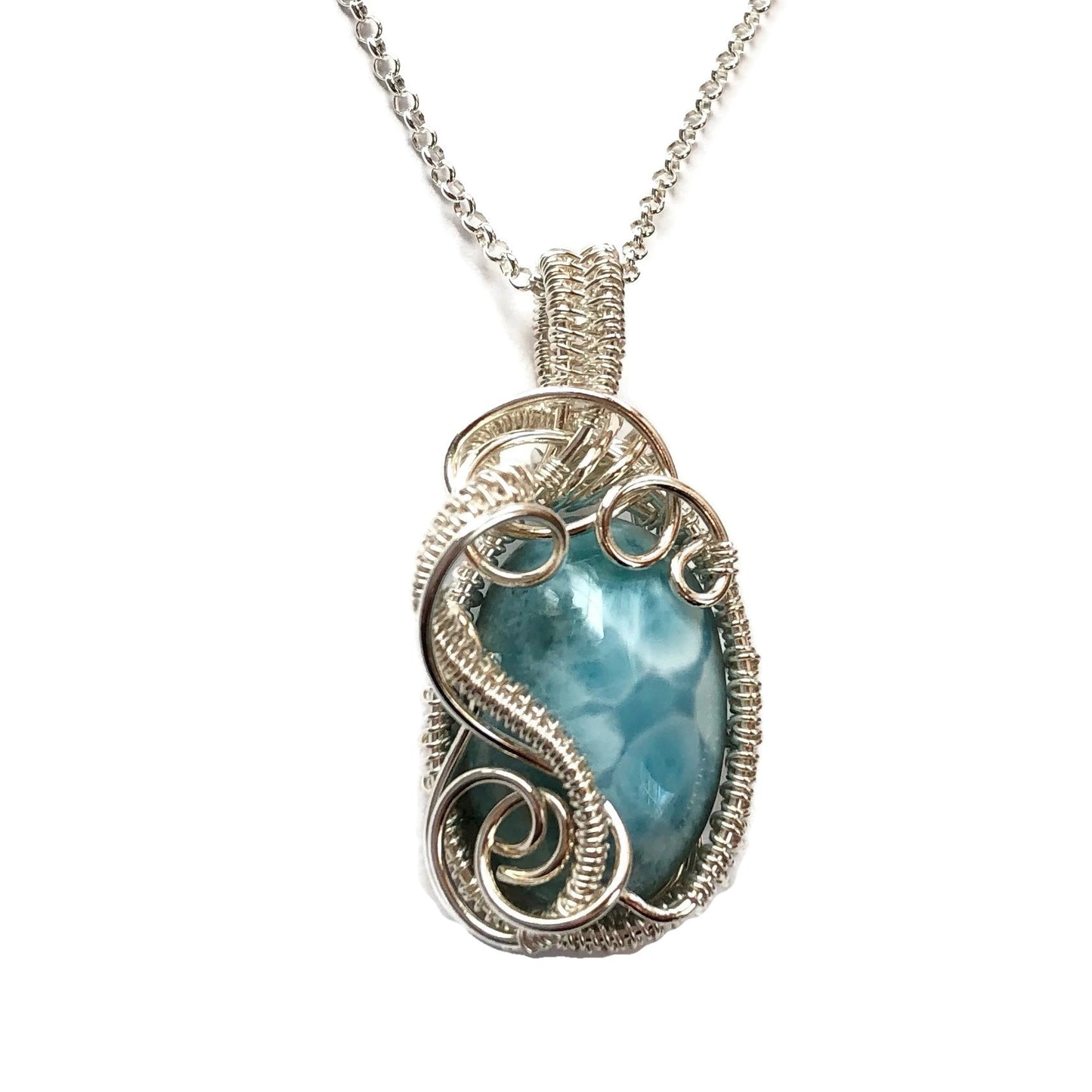 Larimar Oval Curls & Swirls Silver Woven Necklace