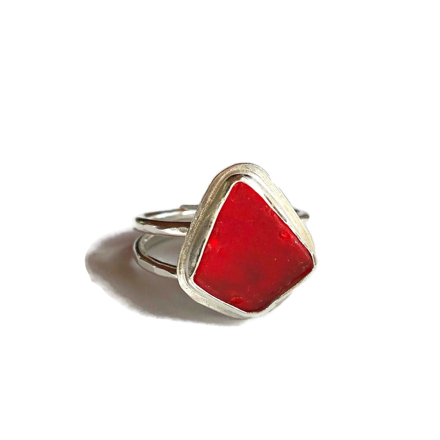 Red Triangle Sea Glass Ring
